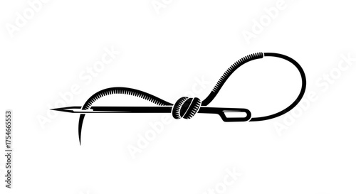 Black and white illustration of a sewing needle with thread tied in a knot symbolizing connection and craftsmanship.