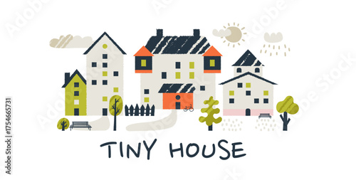 Old sweden street with tiny cute houses and small doodle trees in a scandinavian village.