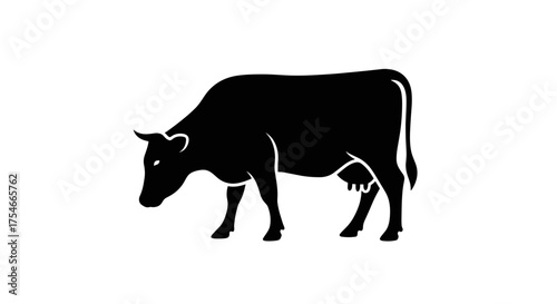 Black silhouette of a cow standing isolated on a white background representing livestock and agriculture.