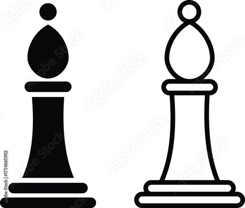Black and white chess icons set, outline and solid collection of vector pieces, flat line style group design including bishop, illustrations