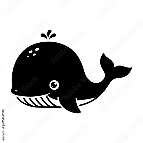 Black and White Cartoon Whale Vector Illustration on White Background