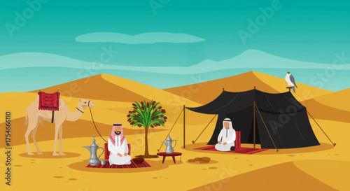 Desert Oasis Scene with Traditional Arabic Tent, Camel, and Figures