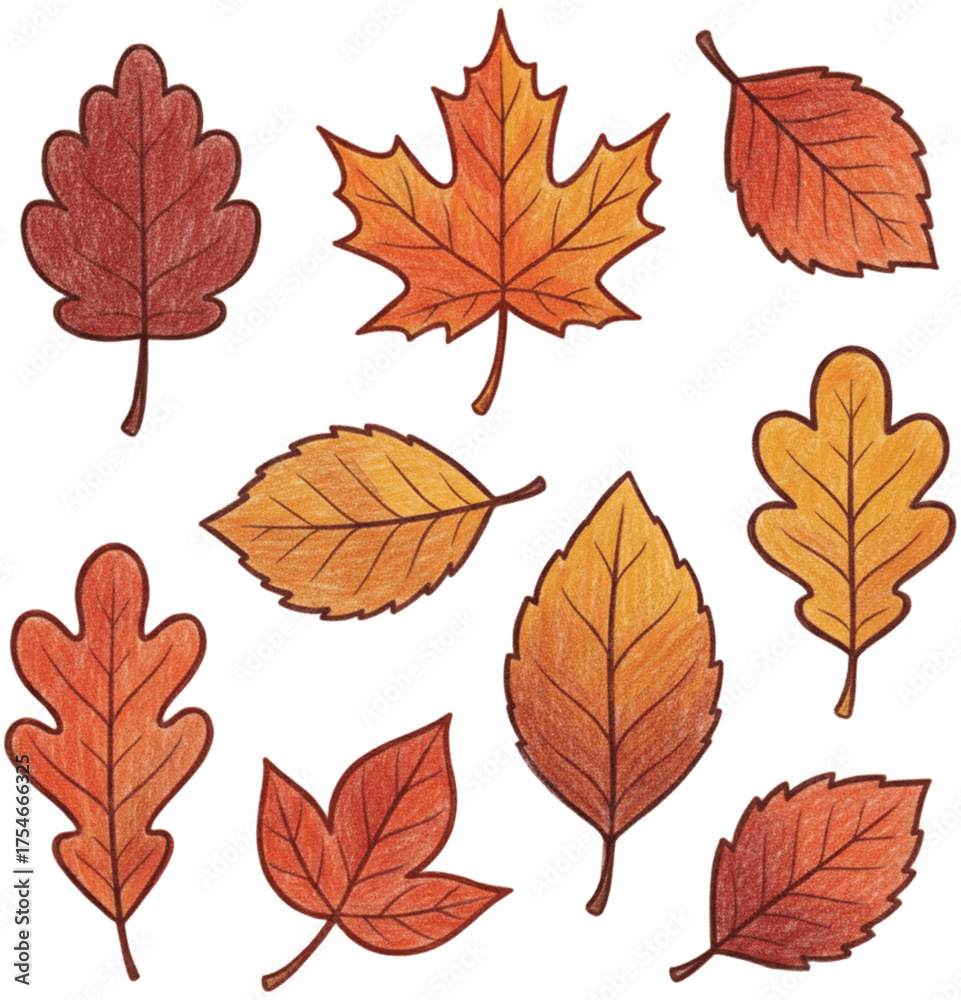 Fototapeta premium Autumn Leaves Hand Drawn Illustration Set Colored Pencil Leaf Collection Clipart Set Cozy Warm Fall Leaf brown tone Sticker Pack