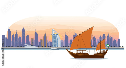 Dubai Skyline with Traditional Dhow Boat and Modern Architecture - A Blend of Heritage and Progress