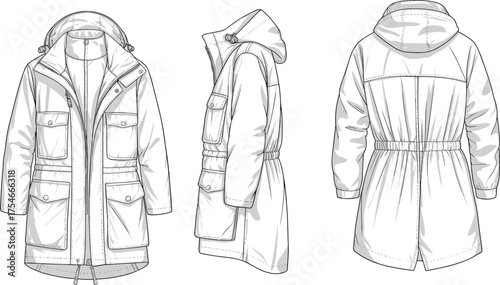 Women’s parka jacket fashion illustration, technical flat sketch, hooded coat design, apparel template, garment drawing, clothing mockup, outerwear vector style"