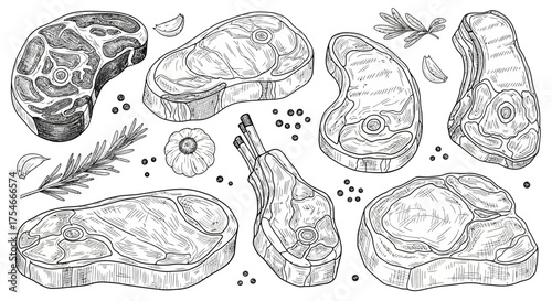 Hand-drawn illustration of various cuts of meat with spices for culinary design