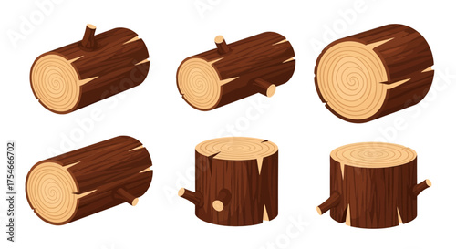 Assortment of natural wooden logs and tree stumps, stylized timber elements with visible wood grain, ideal for forestry, construction, and rustic design