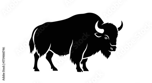 Silhouette of a majestic bison standing proudly against a white backdrop.