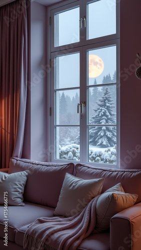 Elegant minimalist winter living room bathed in moonlight with soft pastel reflections and serene atmosphere