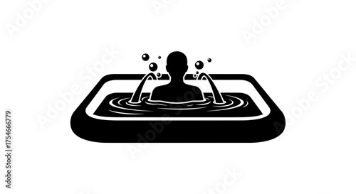 Silhouette of a person relaxing in a hot tub with water jets and bubbles.
