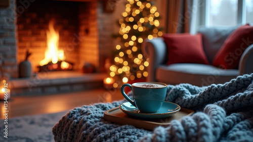 Warm cozy winter living room with crackling fireplace and glowing candles, Lava Falls and  blue decor, inviting festive atmosphere