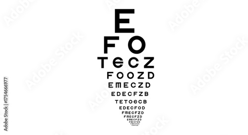 Snellen eye chart for vision testing isolated on a white background used by ophthalmologists and optometrists to measure visual acuity.