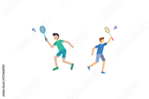 Two athletic men playing badminton preparing to hit the shuttlecock