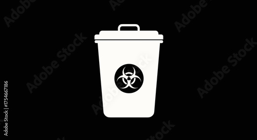 White Biohazard Trash Can Icon on Black Background.