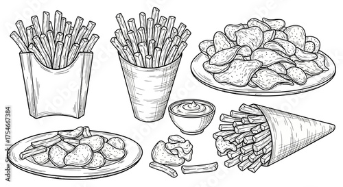 Vintage sketch illustration set of popular potato fast food, featuring french fries, potato chips, and wedges with dipping sauce