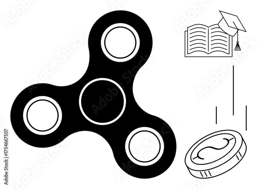 Black fidget spinner with an open book, graduation cap, and coin illustrating focus, education, success, productivity, innovation, youth and financial growth. Ideal for simple flat metaphor