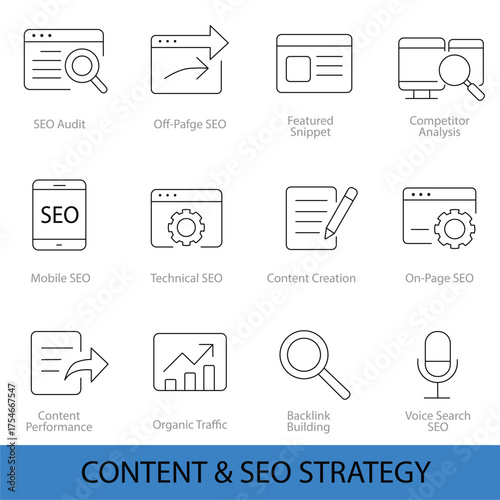 12 Line Icons for SEO and Content Marketing Strategy — Search Optimization, Analytics, and Digital Growth  | Vector Set in AI, EPS, SVG | Designed in Adobe Illustrator