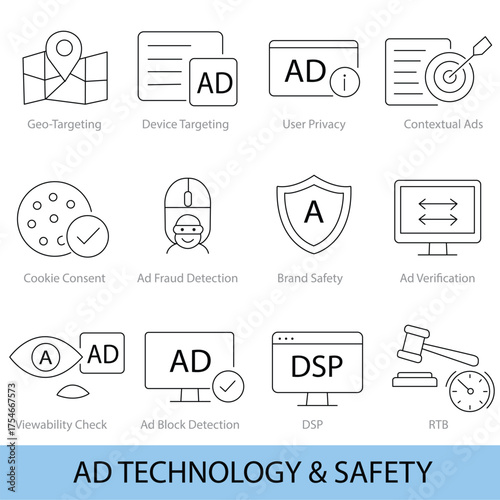 12 Line Icons for Ad Technology and Brand Safety — Ad Verification, Fraud Detection, and Privacy Control  | Vector Set in AI, EPS, SVG | Designed in Adobe Illustrator