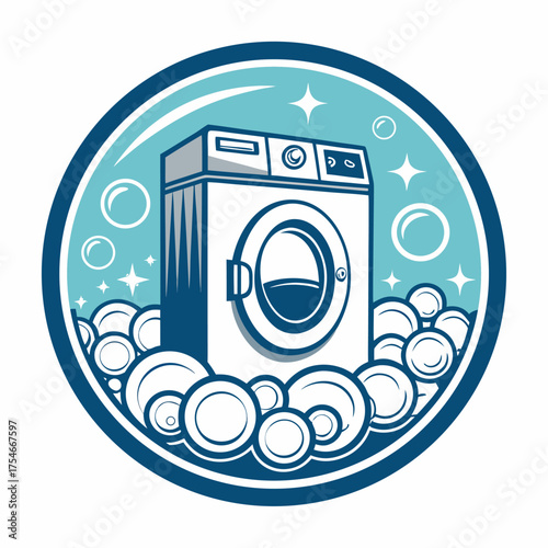 Washing machine surrounded by bubbles and stars in a circular logo.