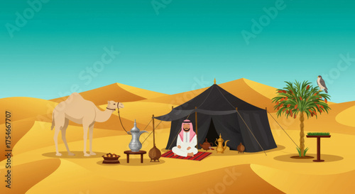 Desert life Bedouin man and camel in a traditional tent with palm tree and falcon