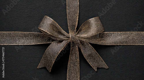 Elegant black gift box with a shimmering gold ribbon tied in a beautiful bow on a textured black background for special occasions and celebrations