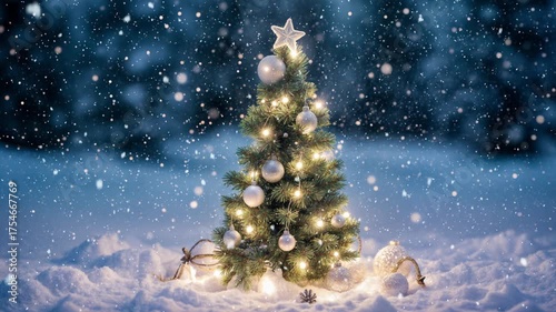 Glowing Christmas tree with twinkling lights and falling snow, creating a cozy and magical winter holiday atmosphere.