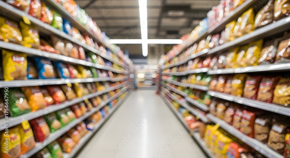 Naklejka premium Blurry view of grocery store aisles filled with colorful packaged snacks, offering depth and choice