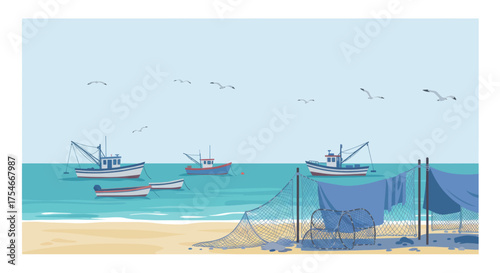 Coastal Serenity Fishing Boats Docked by the Shore with Nets and Seagulls