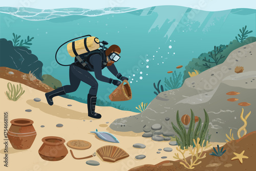 A scuba diver explores the ocean floor, collecting ancient pottery.