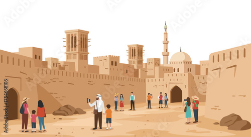 A cultural heritage tour group explores an ancient Arabian city's architecture and historical landmarks