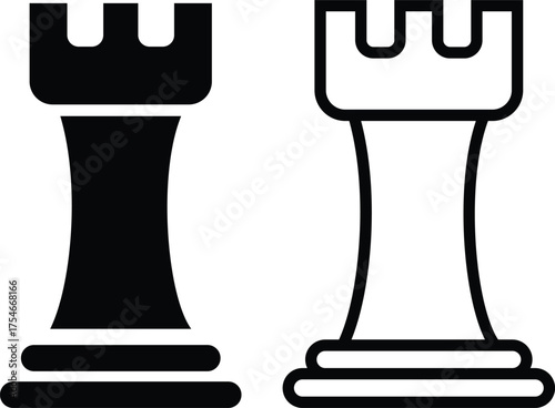 Black and white chess icons set, outline and solid collection of vector pieces, flat line style group design including rook illustrations
