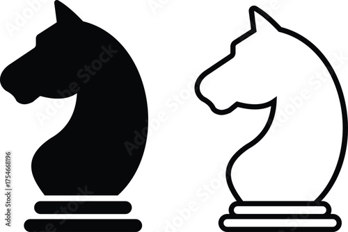 Black and white chess icons set, outline and solid collection of vector pieces, flat line style group design including knight, illustrations