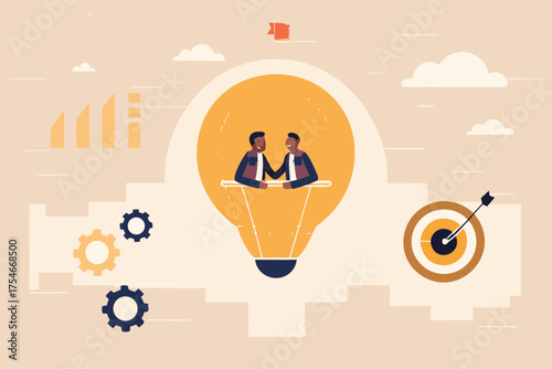 Two businessmen shaking hands inside a glowing lightbulb symbolizing a successful business idea and collaboration