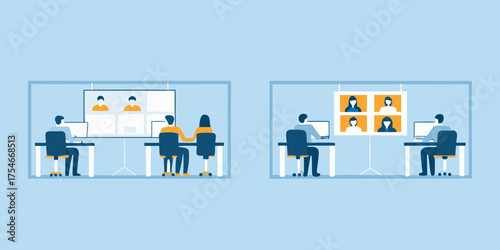 Diverse teams collaborating remotely through video conferencing in modern office spaces