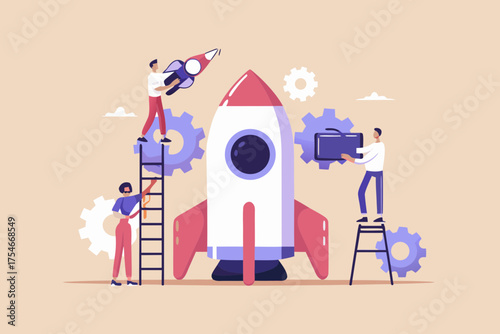 Teamwork and collaboration to build and launch a rocket symbolizing startup success and innovation