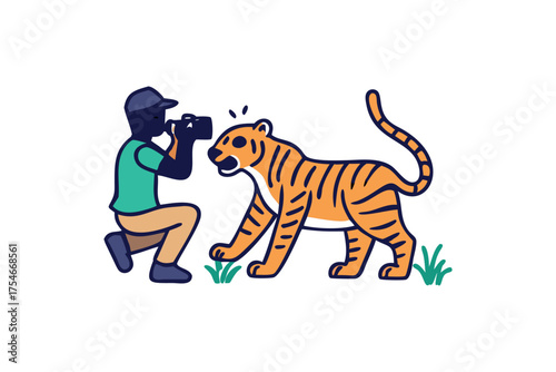 A photographer kneels to capture a close up of a roaring tiger