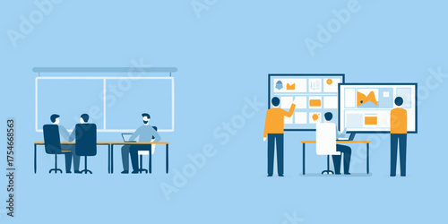 Diverse teams collaborate in modern office settings discussing projects and presenting data on screens
