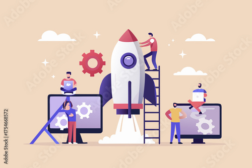 Teamwork and collaboration building a rocket for startup launch and business growth