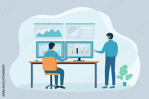 Two men analyzing financial data and charts on multiple computer screens in an office setting