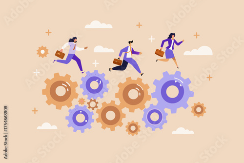 Business people running on gears symbolizing teamwork and corporate progress in a stylized flat design