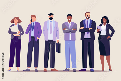 Diverse group of business professionals standing together in a modern office setting illustration