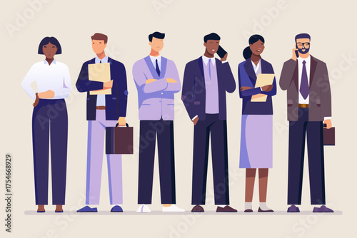 Diverse group of professionals in business attire standing together in a line with confident expressions