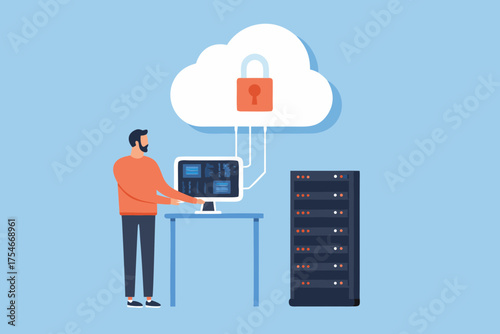 Man working on computer connected to secure cloud server with padlock symbol and data rack