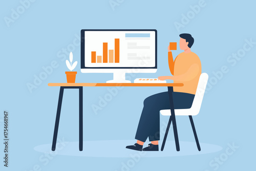 Man working at desk with computer displaying financial charts and holding a cup of coffee