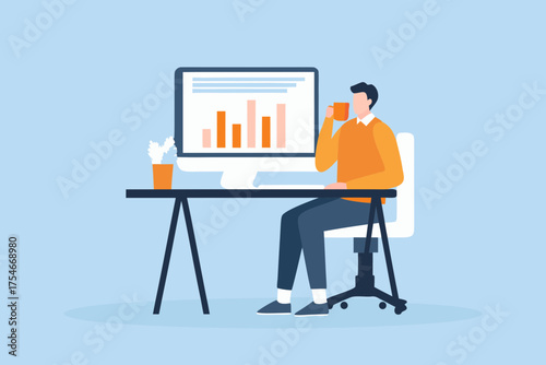 Man drinking coffee at desk looking at computer screen with financial charts and graphs on light blue background