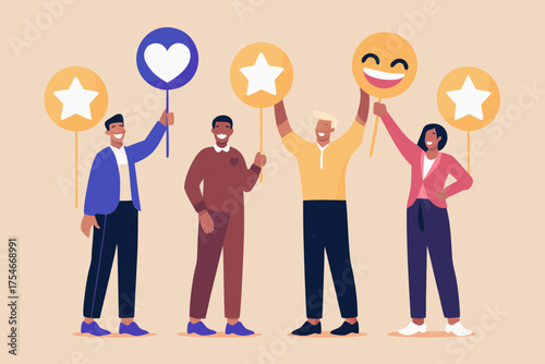 Diverse group of happy people holding up signs with positive symbols like stars a heart and a smiley face
