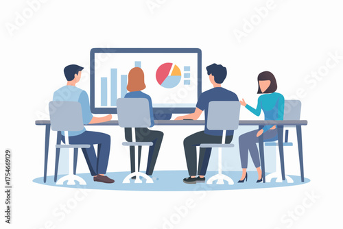 Diverse team of professionals collaborating around a table discussing business growth charts on a computer screen