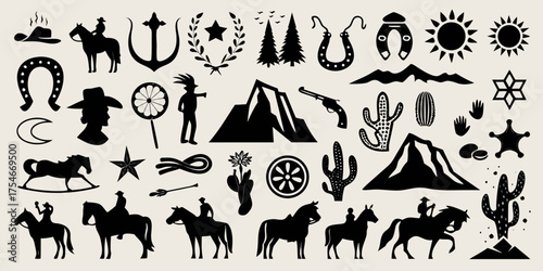 Collection of western cowboy and native american silhouette icons and symbols