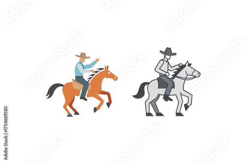 Two cowboy illustrations on horseback one in color and one grayscale