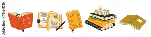 Cute vector collection of books with open and stacked books on white background, education theme